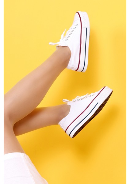 Skywalk Keten Beyaz Yüksek Taban Sneaker Spor Ayakkabı