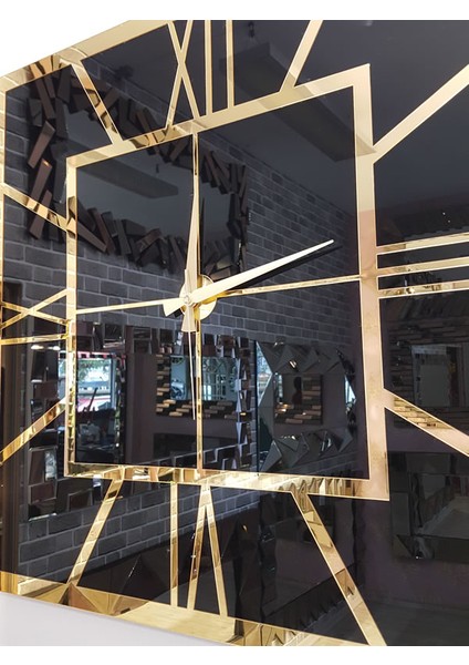 Golden Quare Black Model Altın Siyah Renk 60 Cm x 60 Cm Dekoratif Aynalı Duvar Saati
