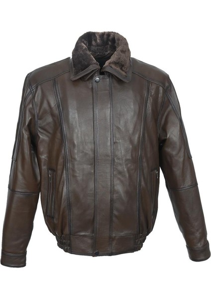 Yakası ve Içi Peluşlu Battal Beden Fındık Renk Erkek Deri Mont