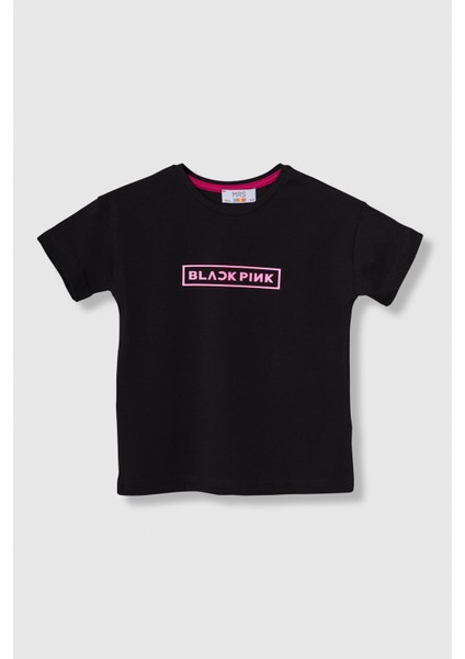 Blckpink Oversize Kız Çocuk Baskılı Bisiklet Yaka %100 Pamuk Siyah Tişört