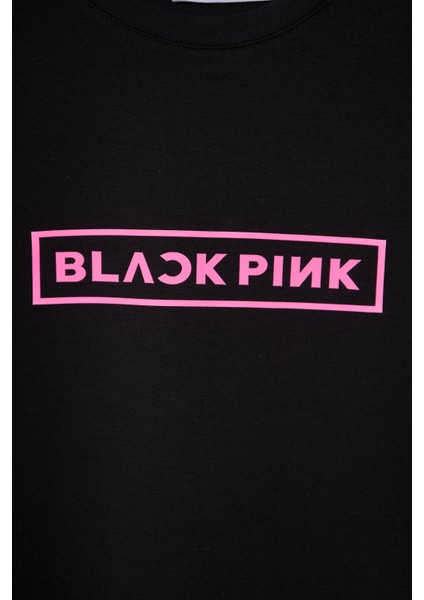 Blckpink Oversize Kız Çocuk Baskılı Bisiklet Yaka %100 Pamuk Siyah Tişört