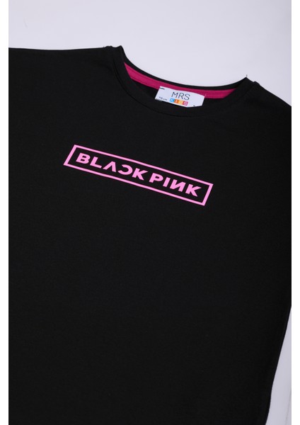 Blckpink Oversize Kız Çocuk Baskılı Bisiklet Yaka %100 Pamuk Siyah Tişört