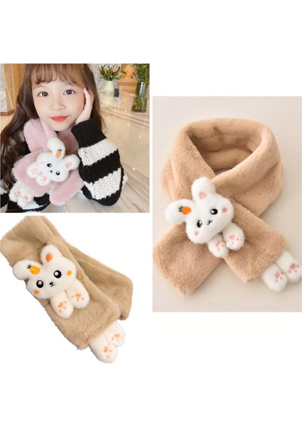 Yeni Moda Sevimli Oyuncak Tavşan 1-15 Yaş Çocuk Tüylü Peluş Kaşmir Atkı Boyunluk Sütlü Kahverengi