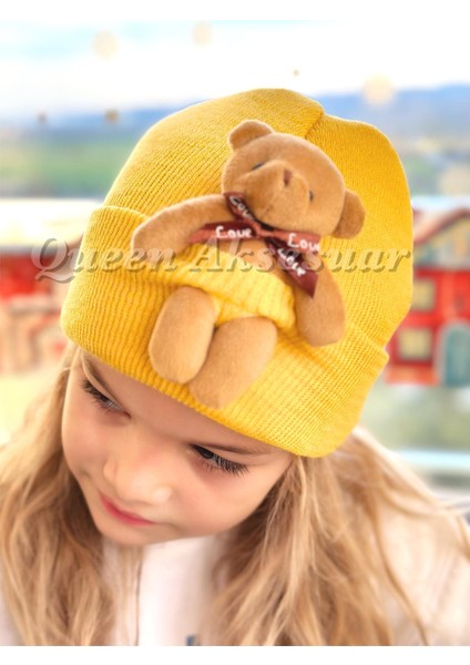 Trend Moda Özel Tasarım Sevimli Peluş Ayıcıklı Yetişkin Erkek Kız Unisex Çocuk Şapkası Sarı Şapka