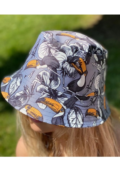 Karga Kuşlu Yapraklı Desenli Bucket Baget Şapka Yetişkin Erkek Kadın Büyük Çocuk Şapkası Unisex