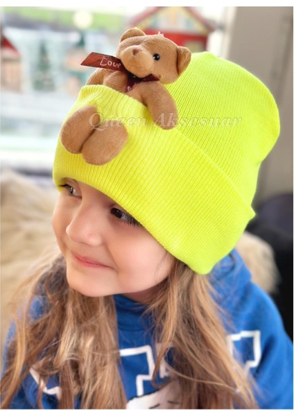 Trend Moda Özel Tasarım Peluş Ayıcıklı Yetişkin Erkek Kız Unisex Çocuk Ayı Şapka Bere Neon Sarı