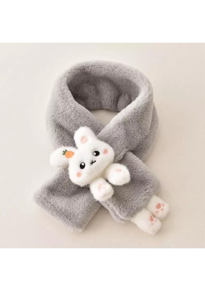 Yeni Moda Sevimli Oyuncak Tavşan Pofuduk 1-15 Yaş Çocuk Tüylü Peluş Kaşmir Atkı Boyunluk Gri