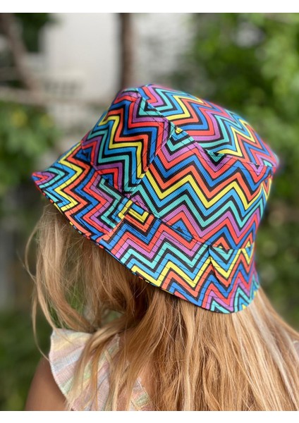 Unisex Kız Erkek Çocuk Bucket Baget Şapka Rengarenk Renkli Zigzag Desenli