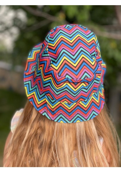 Unisex Kız Erkek Çocuk Bucket Baget Şapka Rengarenk Renkli Zigzag Desenli