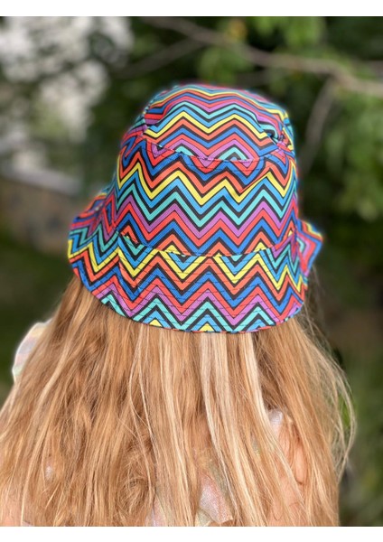 Unisex Kız Erkek Çocuk Bucket Baget Şapka Rengarenk Renkli Zigzag Desenli