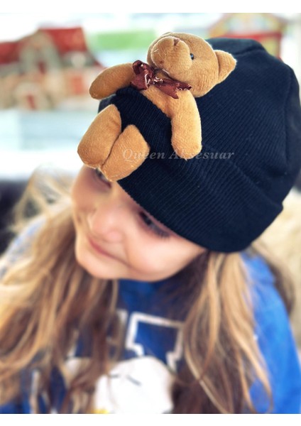 Trend Moda Özel Tasarım Oyuncak Peluş Ayıcıklı Yetişkin Erkek Kız Unisex Çocuk Ayı Şapka Bere Siyah
