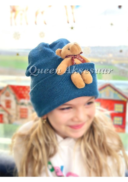 Trend Moda Özel Tasarım Peluş Ayıcıklı Yetişkin Erkek Kız Unisex Çocuk Şapkası Kot Mavi Şapka