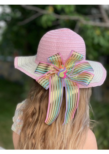 Lüks Metalik Fiyonklu Gökkuşağı Unicorn Süslü Pembe Hasır Şapka Çocuk Şapkası