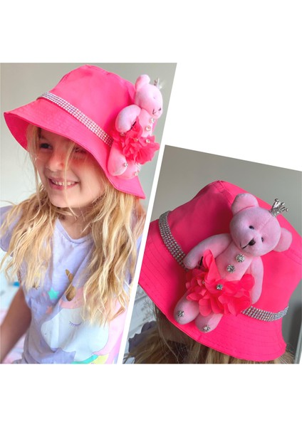 Yeni Sezon Moda Özel Tasarım Neon Pembe Prenses Peluş Ayıcıklı Taşlı Şapka