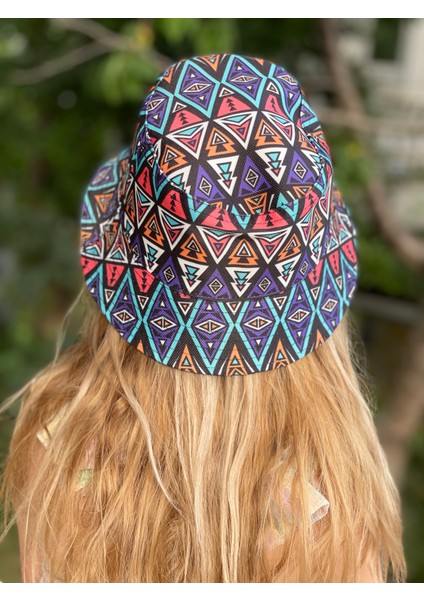 Unisex Kız Erkek Çocuk Bucket Baget Şapka Rengarenk Renkli Otantik Geometrik Şekil Desenli