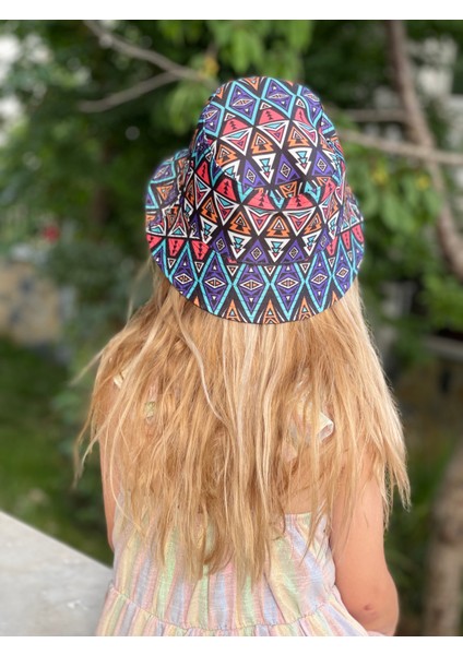 Unisex Kız Erkek Çocuk Bucket Baget Şapka Rengarenk Renkli Otantik Geometrik Şekil Desenli