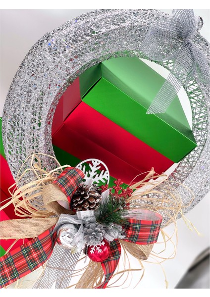 Yılbaşı Christmas Özel Metal Ultra Lüks Dev Boy Simli Kapı Duvar Dekorasyon Süsü Çelenk Gümüş