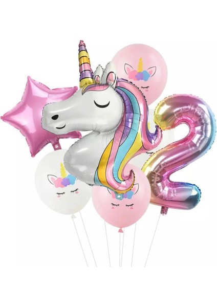 7 Parça Dev Unicorn 2 Yaş Harf Yıldızlı Folyo Balon Seti Doğumgünü Yaşgünü