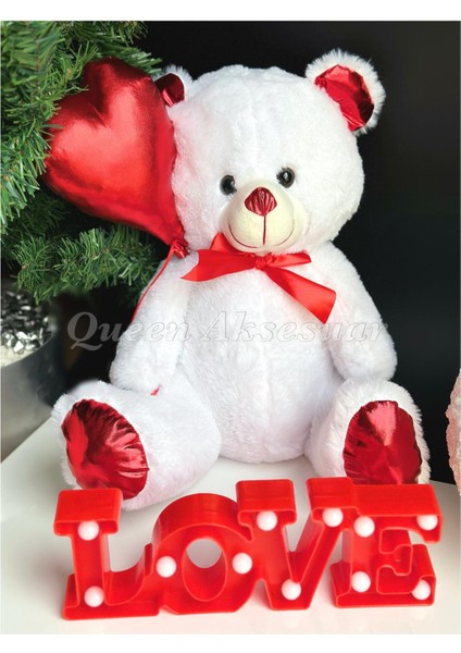 Dev Parlak Kırmızı Kalp Balonlu Sevimli Peluş Oyuncak Ayıcık Love Masa Gece Lambası Hediye Seti