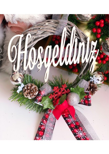 Yılbaşı Lüks Özel Tasarım Gri Ahşap Ev Dekorasyon Duvar Kapı Süsü Çelenk Çam Ağaçlı