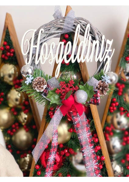 Yılbaşı Lüks Özel Tasarım Gri Ahşap Ev Dekorasyon Duvar Kapı Süsü Çelenk Çam Ağaçlı fiyatları