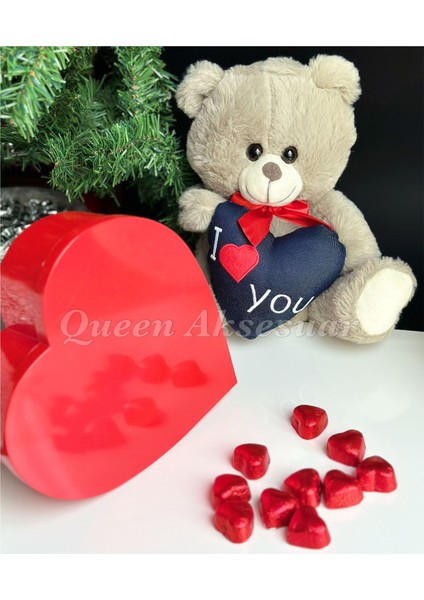 Sevgililer Günü Lüks Peluş Oyuncak Ayıcık I Love You Kırmızı Kalp Kutu Çikolata Hediye Seti