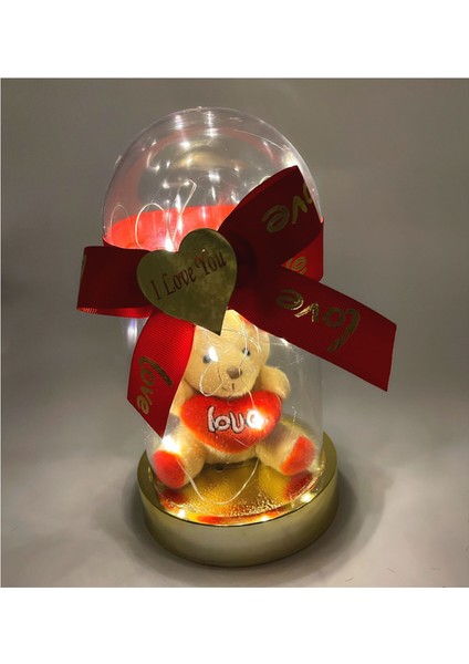 Anneler Günü Özel Sevgililer Günü Işıklı Fanuslu Teraryum Peluş Ayıcık Kalpli Love Kırmızı
