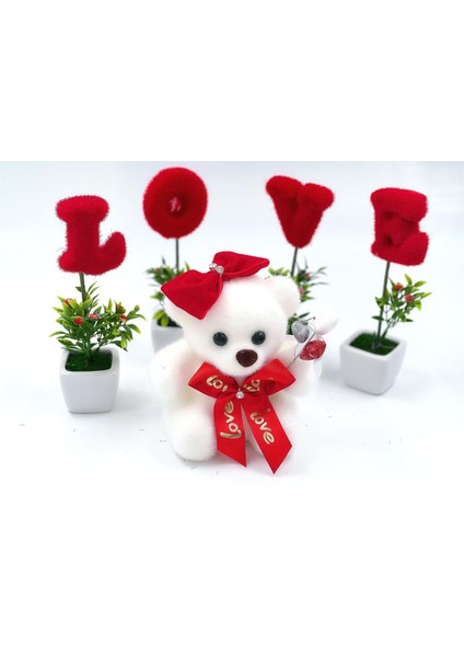 Anneler Günü Hediye Yapay Love Saksılı Çiçek Süslü Ayıcık Set Kırmızı