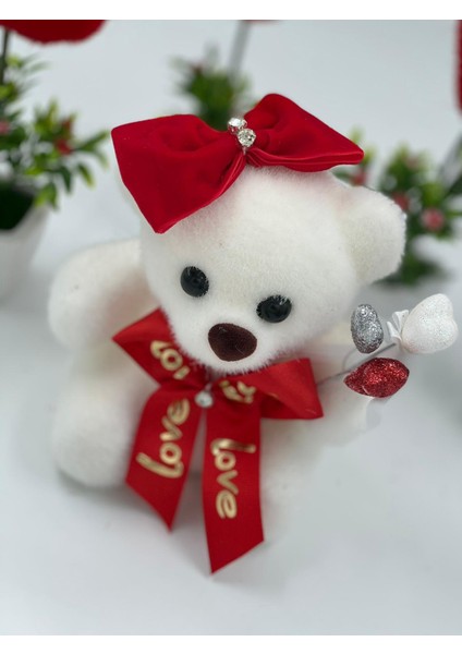 Anneler Günü Hediye Yapay Love Saksılı Çiçek Süslü Ayıcık Set Kırmızı