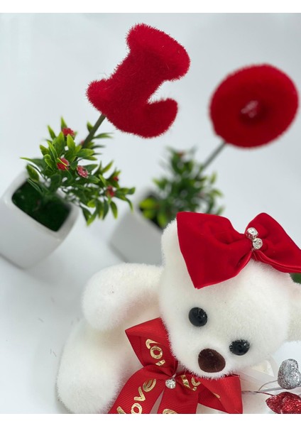 Anneler Günü Hediye Yapay Love Saksılı Çiçek Süslü Ayıcık Set Kırmızı