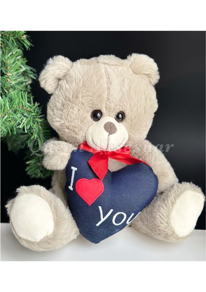 Sevgililer Günü Özel Lüks Peluş Sevimli I Love You Yazılı Kalp Kalpli Oyuncak Ayıcık 30CM Gri