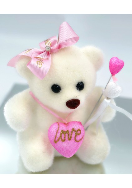 Anneler Günü Tüylü Kutup Ayısı Ayıcık Dekorasyon Süslü Fiyonklu Pembe Love 15 cm