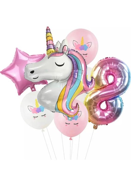 7 Parça Dev Unicorn 8 Yaş Harf Yıldızlı Folyo Balon Seti Doğumgünü Yaşgünü