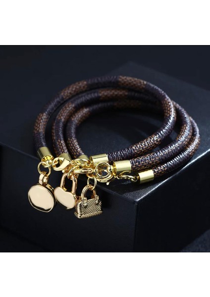 Trend Moda Kahverengi Deri Kayışlı Gold Altın Kilitli Bileklik modelleri