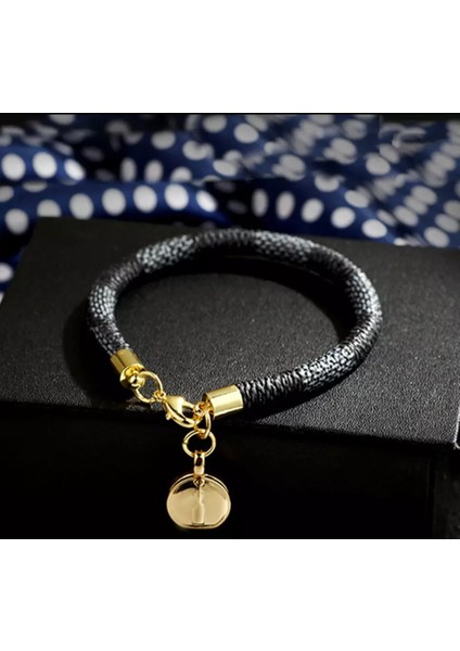 Trend Moda Siyah Deri Kayışlı Gold Altın Kilitli Bileklik