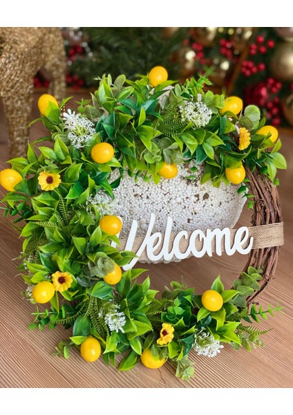 Welcome Yazılı Lüks Limon Çiçek Süslü Ağaç Çelenk Kapı Süsü Dekorasyon Sarı Yeşil No.2