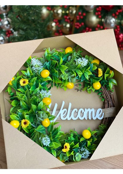 Welcome Yazılı Lüks Limon Çiçek Süslü Ağaç Çelenk Kapı Süsü Dekorasyon Sarı Yeşil No.2