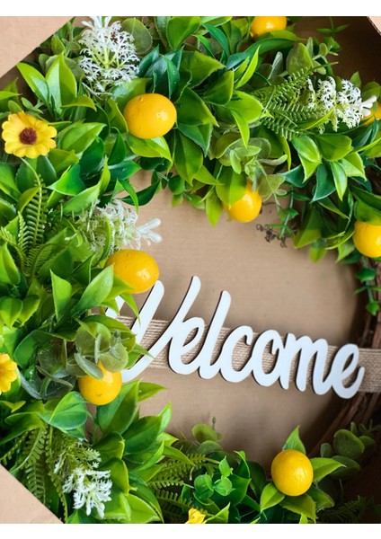 Welcome Yazılı Lüks Limon Çiçek Süslü Ağaç Çelenk Kapı Süsü Dekorasyon Sarı Yeşil No.2