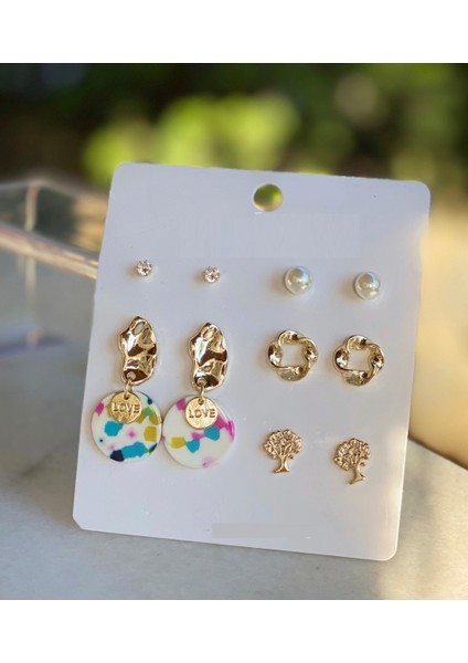 Moda Love Ağaç Renkli Zikron Taş Inci Küpe Seti