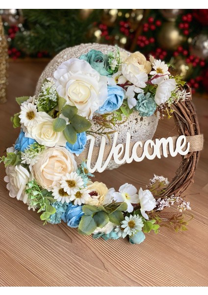 Welcome Yazılı Lüks Gül Çiçek Kuşlu Süslü Ağaç Çelenk Kapı Süsü Dekorasyon Krem Beyaz Mavi No.7