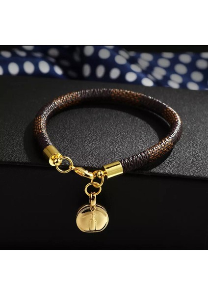 Trend Moda Kahverengi Deri Kayışlı Gold Altın Kilitli Bileklik