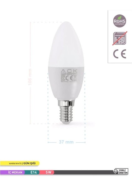 5 Watt E-14 İnce Duy 3000K Gunışığı Buji Led Ampul