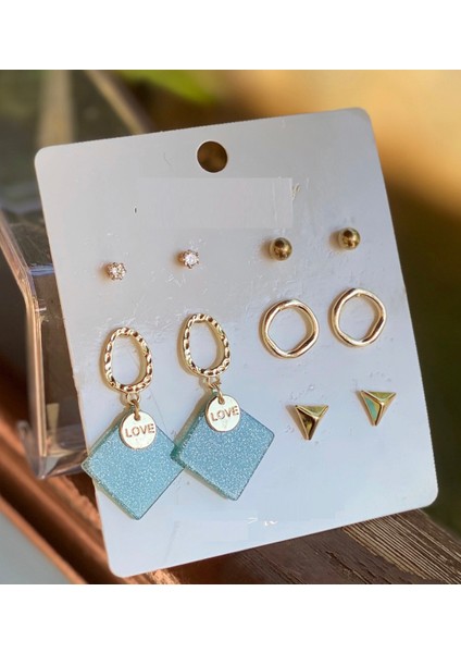 Moda Parıltı Parlak Üçgen Love Mavi Simli Küpe Seti