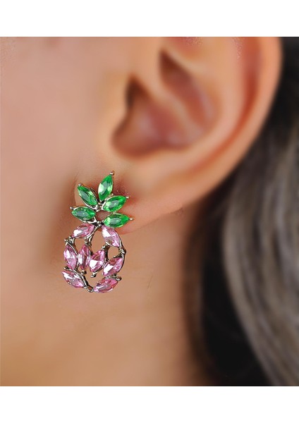 Yeni Trend Büyük Pembe Kristal Taşlı Ananas Küpe