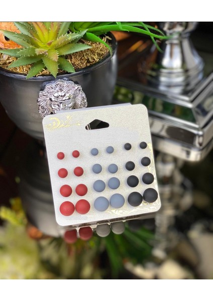 Kadife Nubuk Yüzey Inci Top Küpe Seti Bordo Gri Siyah 24LÜ Set