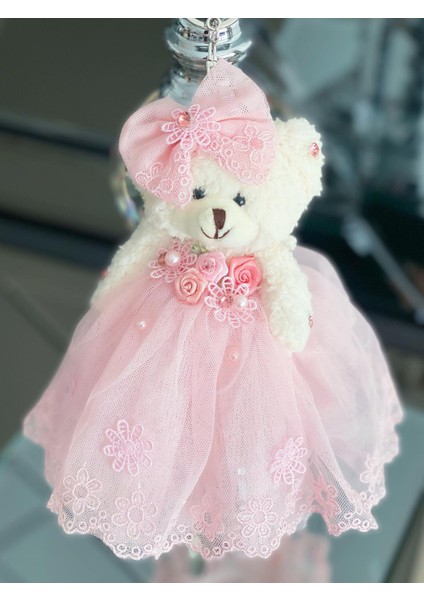 Lüks Dev Boy Taşlı Süslü Tül Güpürlü Elbiseli Peluş Oyuncak Ayıcık Anahtarlık Pembe