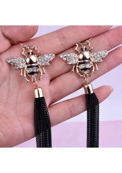 Moda Trend Arı Sinek Kristal Zikron Taşlı Uzun Zincir Sarkıt Lüks Küpe
