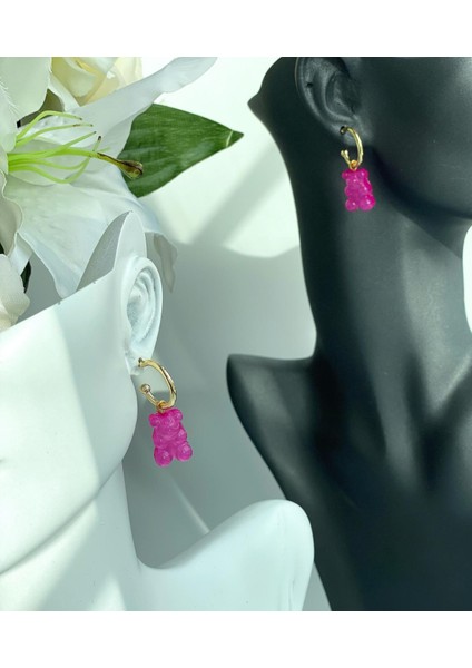 Yeni Moda Sevimli Haribo Ayıcık Şeffaf Gold Altın Küpe Kararmaz Neon Fuşya Pembe