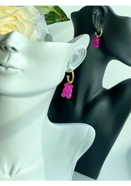 Yeni Moda Sevimli Haribo Ayıcık Şeffaf Gold Altın Küpe Kararmaz Neon Fuşya Pembe fiyatları