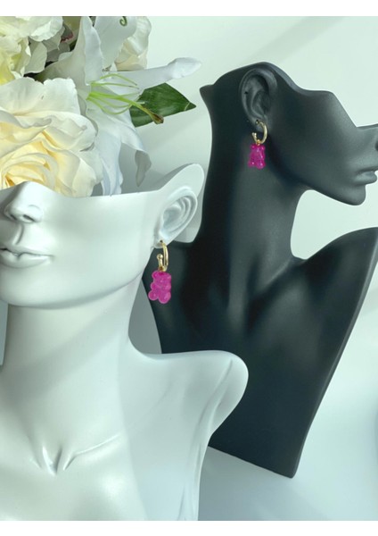 Yeni Moda Sevimli Haribo Ayıcık Şeffaf Gold Altın Küpe Kararmaz Neon Fuşya Pembe modelleri